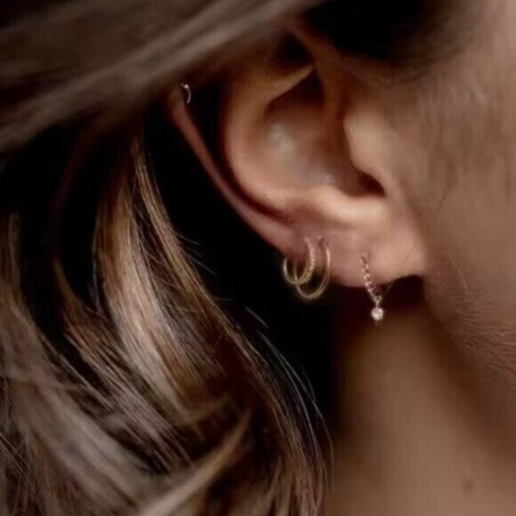 DOUBLE Huggie Earrings Gold CZ Hoop Earrings Non Tarnish Hypoallergenic Jewelry - Picture 2 of 13